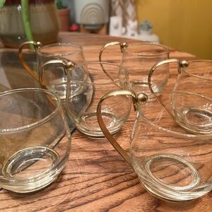 Vintage Set of 6 Glass Cups with A Metal Gold Colored Handles